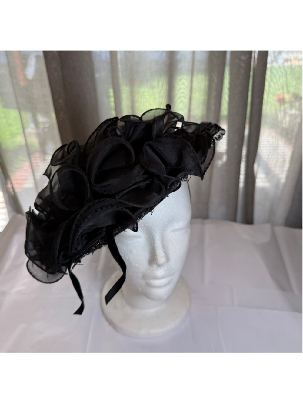 Vintage 60s beaded hat black lace bow elegant Hollywood glam old money Derby